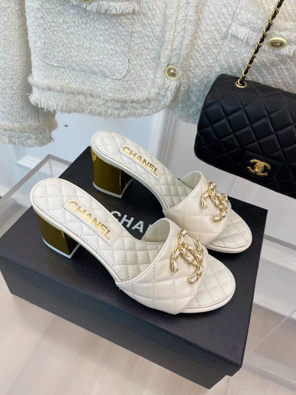 Chanel REV White Lambskin Quilted CC Gold Logo Cone Heel Mule Slide Sandal