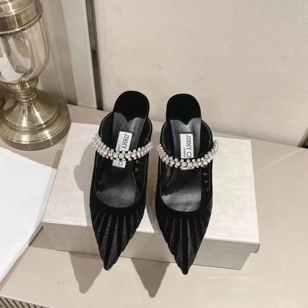 Jimmy Choo Bing 65 Black Flocked Striped Mesh Mules with Crystals