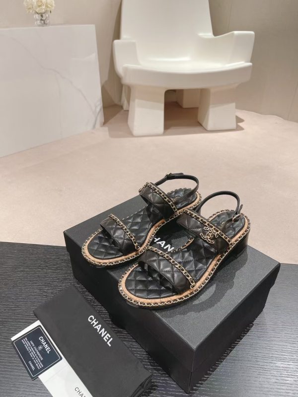 Chanel Black Leather Chain Link CC Cork Sandals