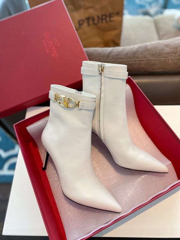 Valentino Side Zipper Ankle Boots White High Heel Fashion Boot