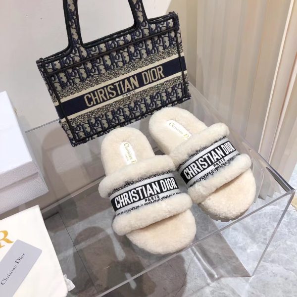 Dior Dway Heeled Slide White Embroidered Cotton and Shearling