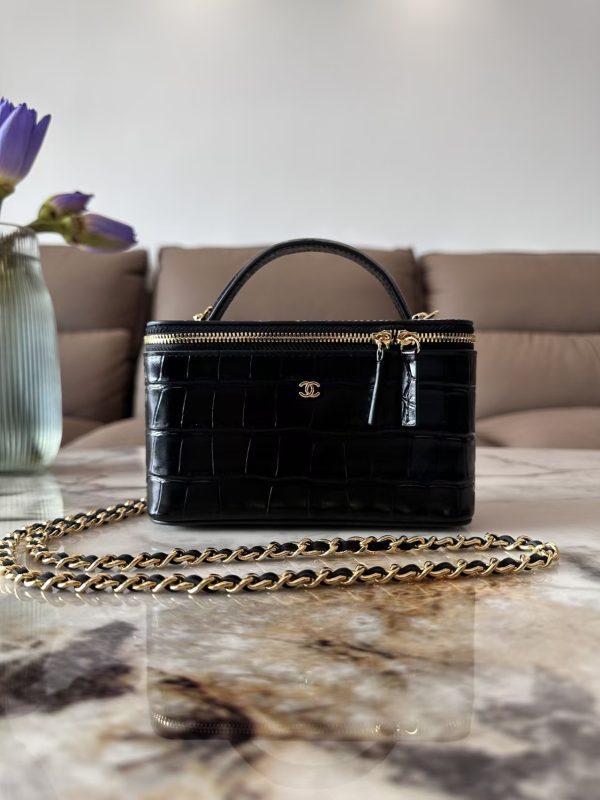 Chanel Calfskin Crocodile Embossed Crococo Small Top Handle Makeup Case