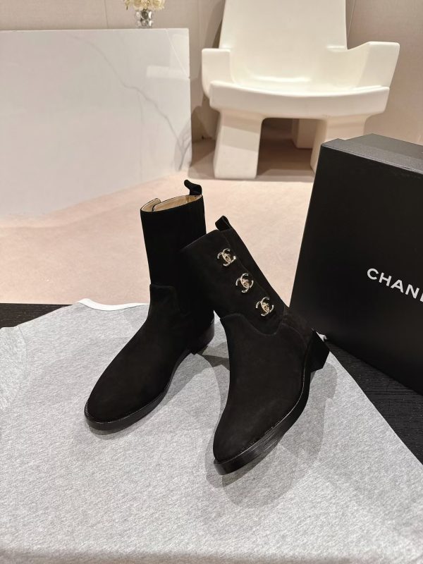 Chanel Black Suede CC Logo Ankle Boot