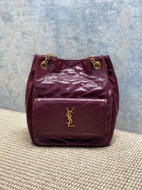 YSL Calfskin Chain Strap Bucket Wine